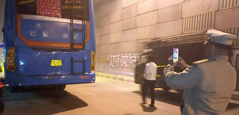 Police issued challans to six private buses on the Delhi route.