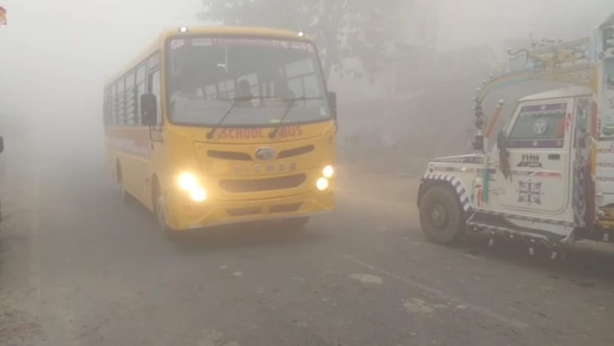 School buses speed through the fog