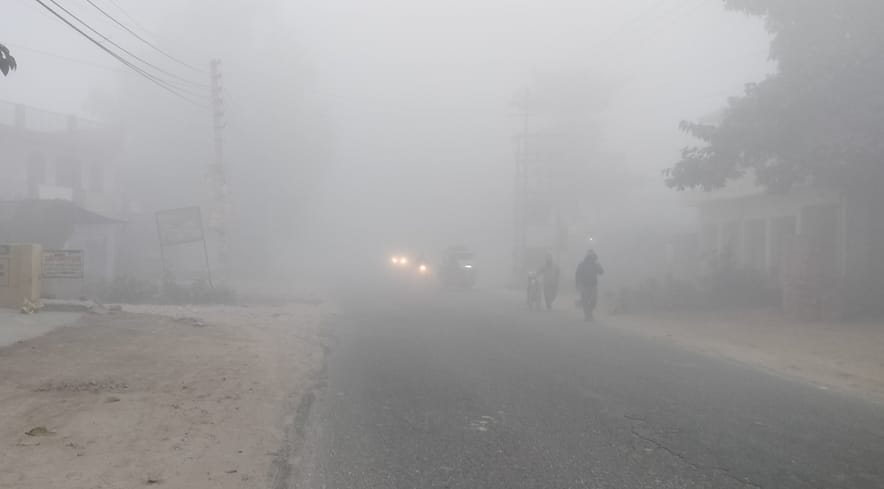 Fog slowed down vehicle movement, and trains also arrived late at the station.