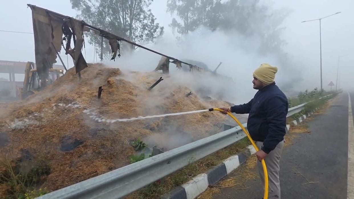 The hay loaded in the trolley caught fire, and it took six hours to bring it under control.