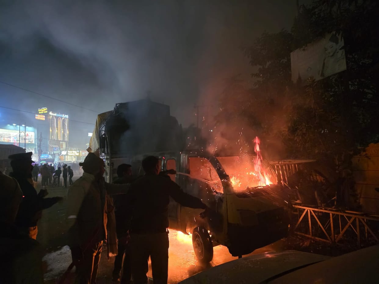 A vehicle parked in the Dubagga police station premises caught fire