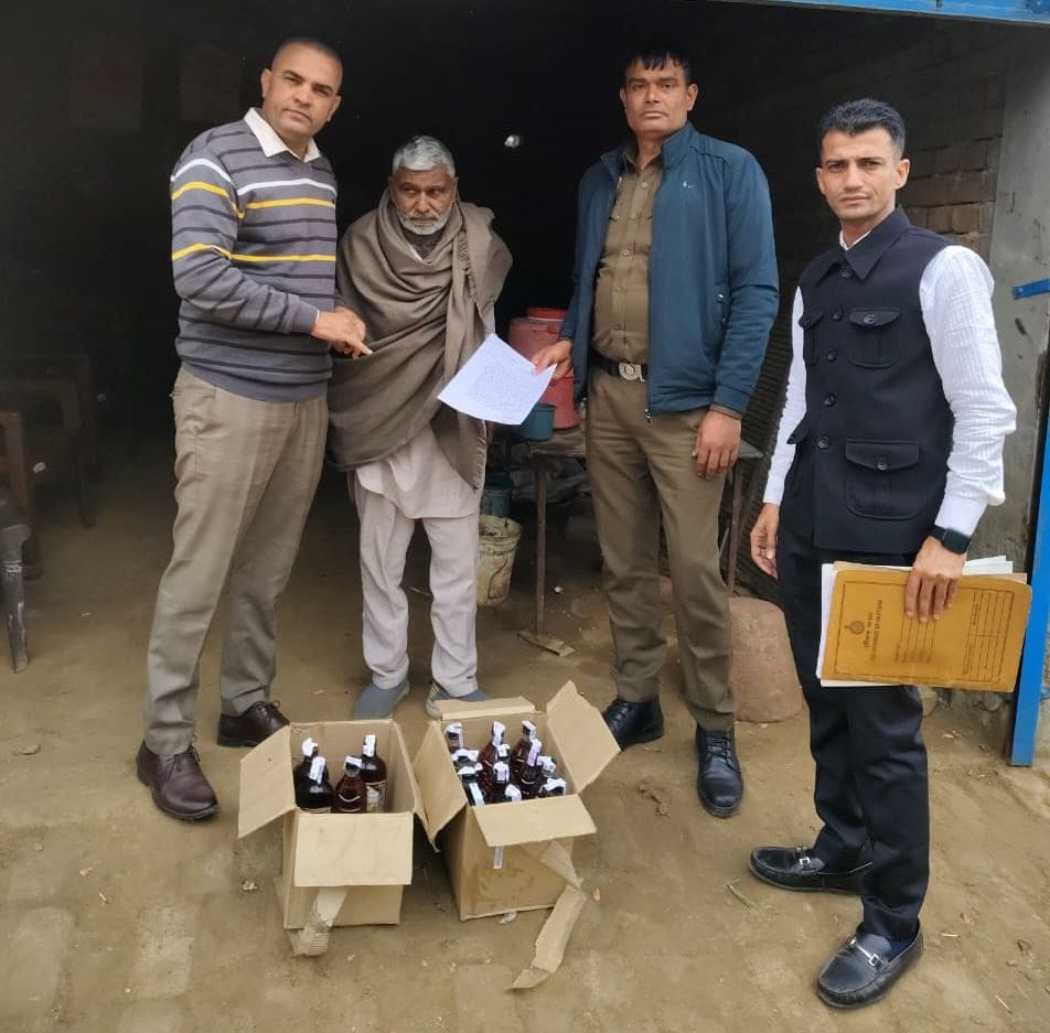 An illegal liquor outlet was busted in Rajpura Bhain, and 16 bottles of country liquor were recovered.
