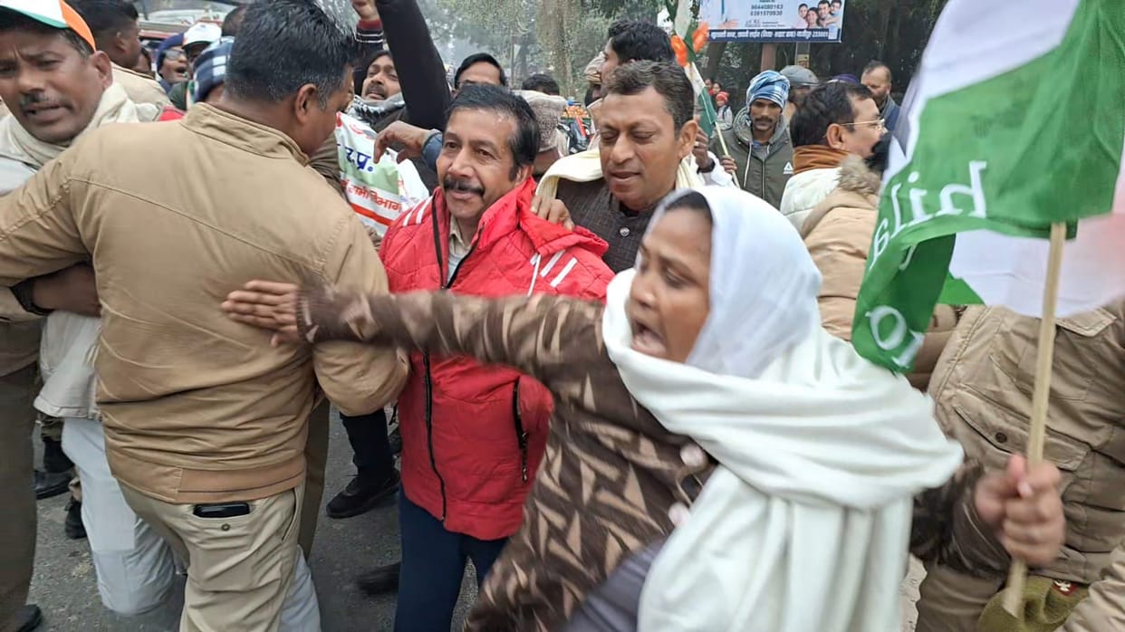 Congress women's district president pushed a constable during the protest.
