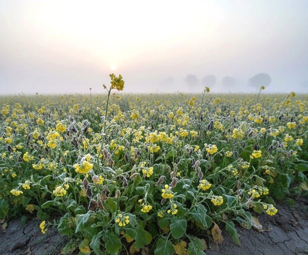 The fog poses a risk of diseases to the mustard crop.