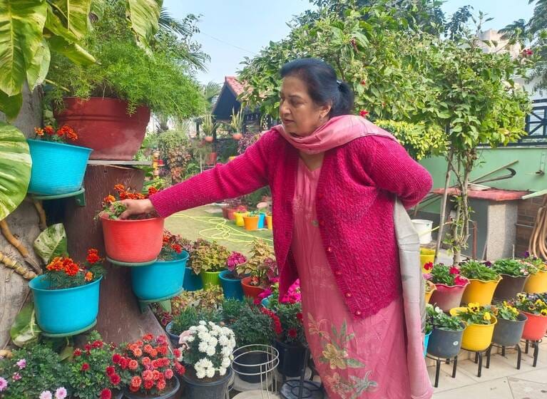 The mother-in-law created the garden, and the daughter-in-law is enhancing its beauty.