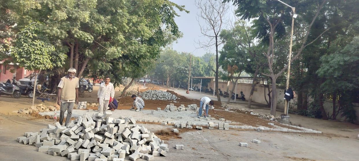 Road construction has begun at the government women's college, providing relief to the students.