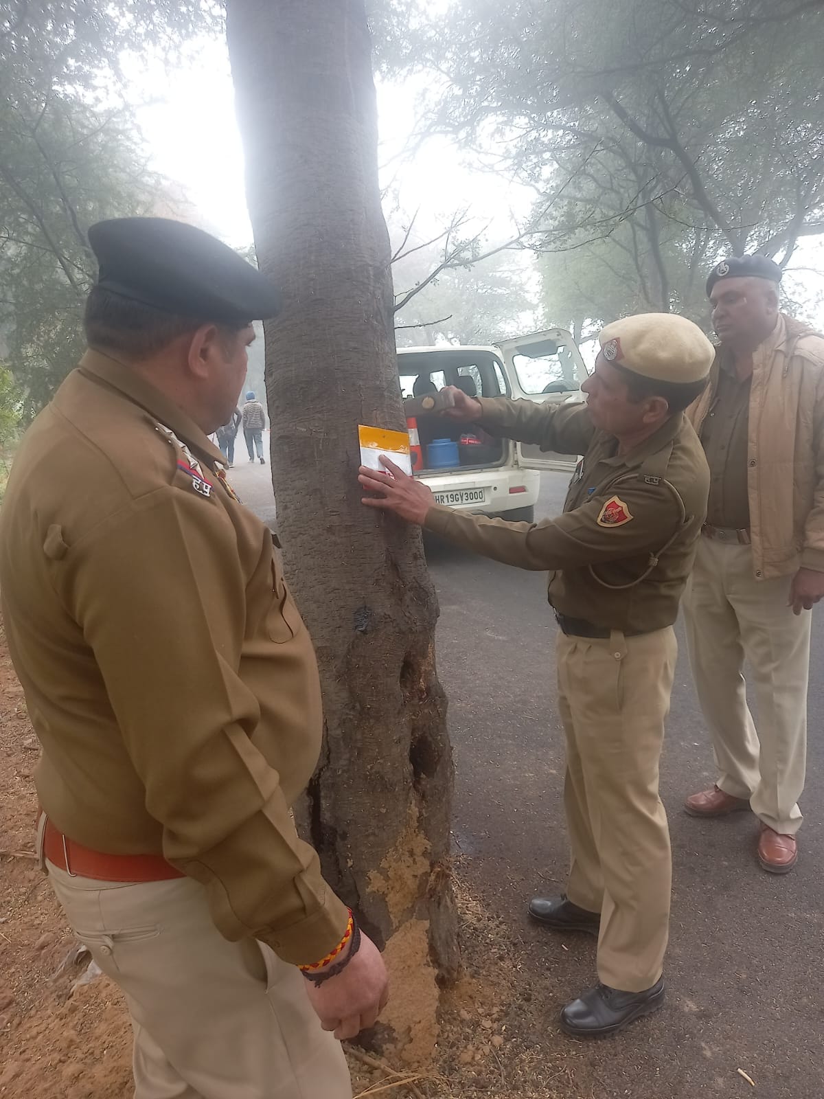 Police on alert for road safety amid increasing fog, put reflector tape on trees
