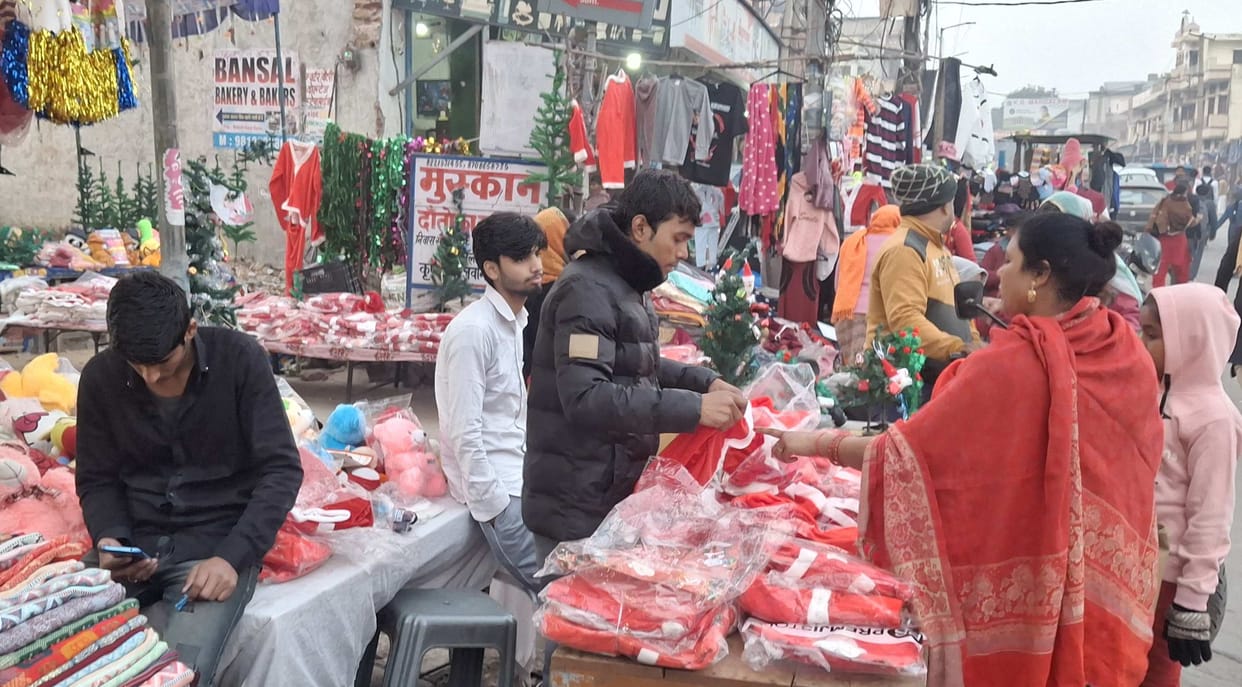 The markets were adorned in red and white for Christmas.