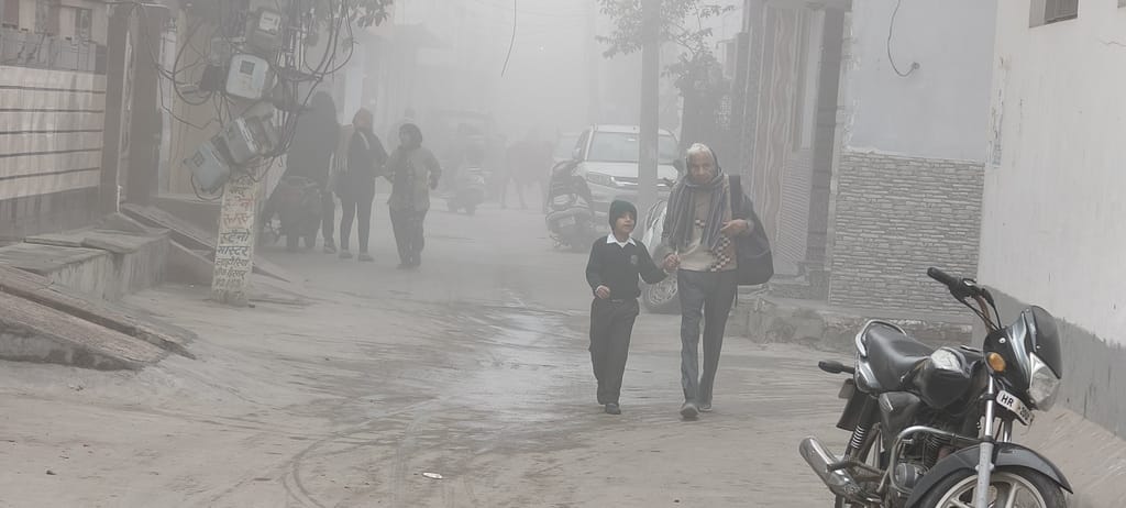 Dense fog covered the area in the morning, reducing visibility to 10 metres