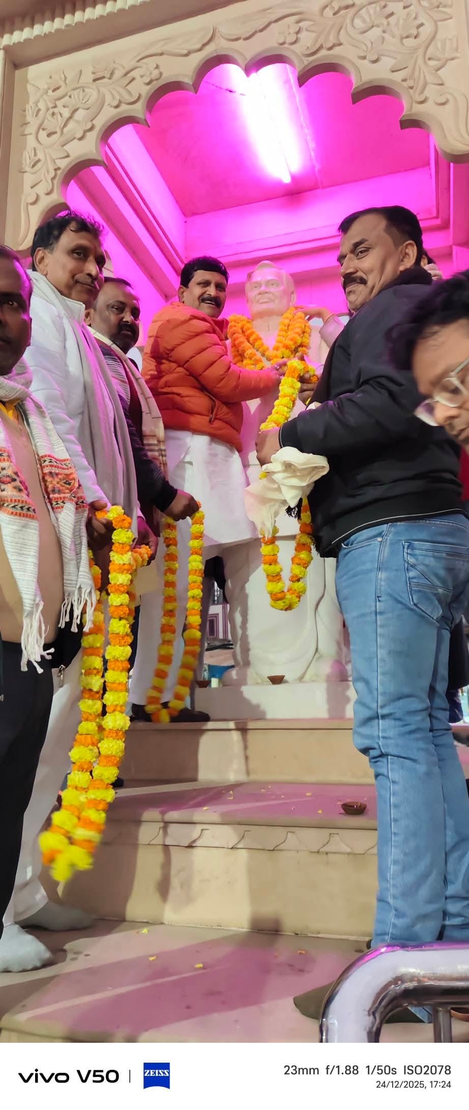 They placed garlands on the former PM's statue and lit lamps.
