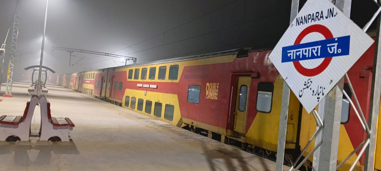Canceled trains standing at stations in fog
