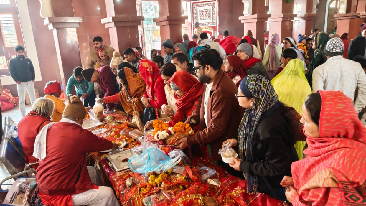 A large crowd of devotees gathered at the Mata Bhimeshwari Devi temple on Ashtami.