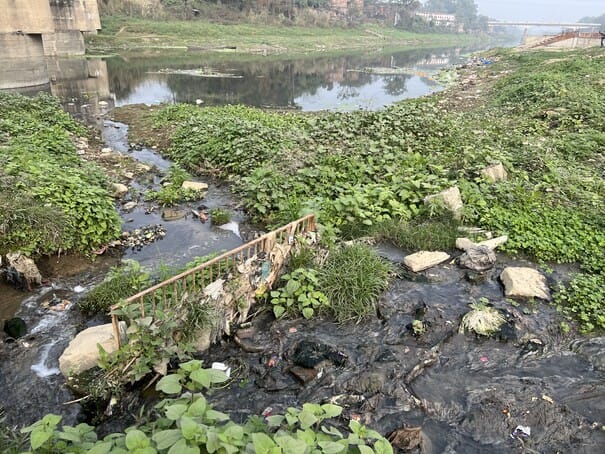 The riverfront, being built at a cost of Rs 20.65 crore, is being drained by sewage and waste from six drains into the Tamsa River.