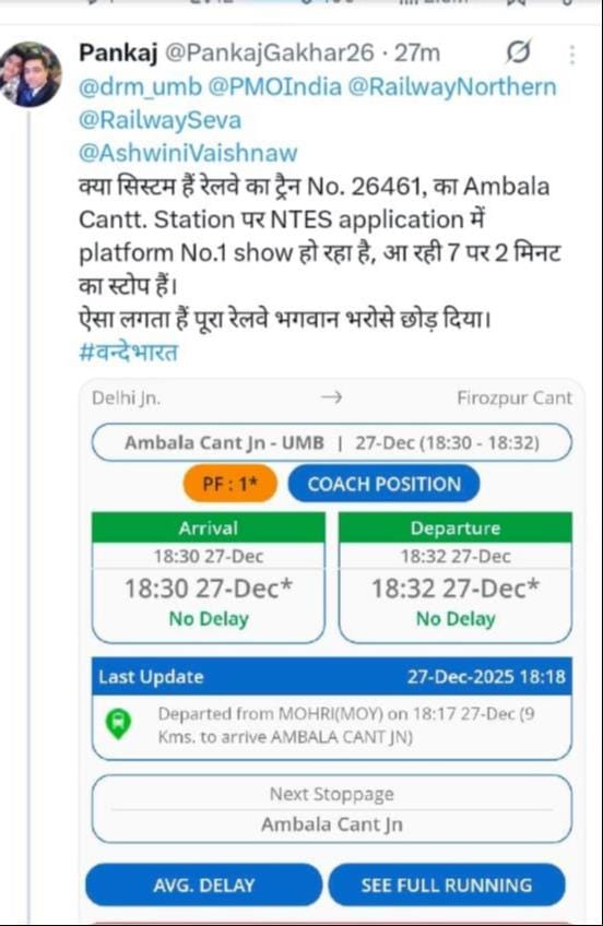 New Delhi-Ferozepur Vande Bharat platform is being displayed incorrectly on NTES