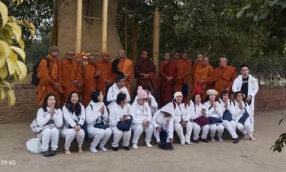 Followers worship the Bodhi tree