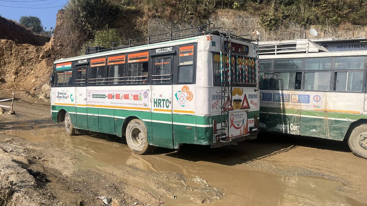 The under-construction four-lane between Narla and Mandi has become a swamp due to rain.