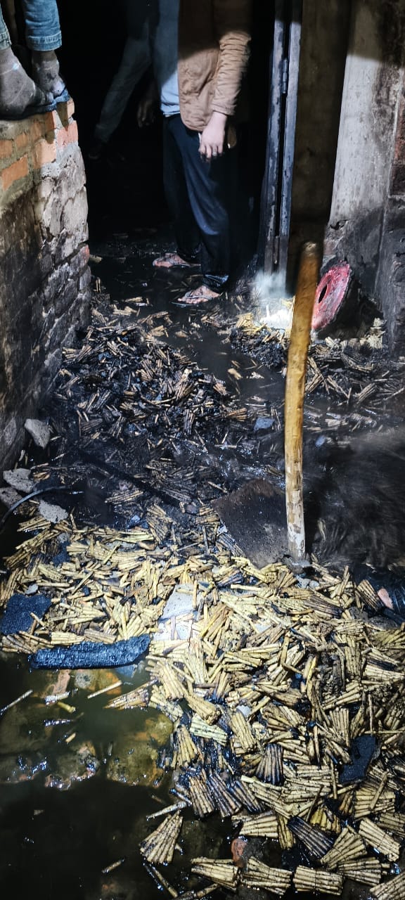 A fire broke out at the former MLA's beedi factory, but it was brought under control within two hours.