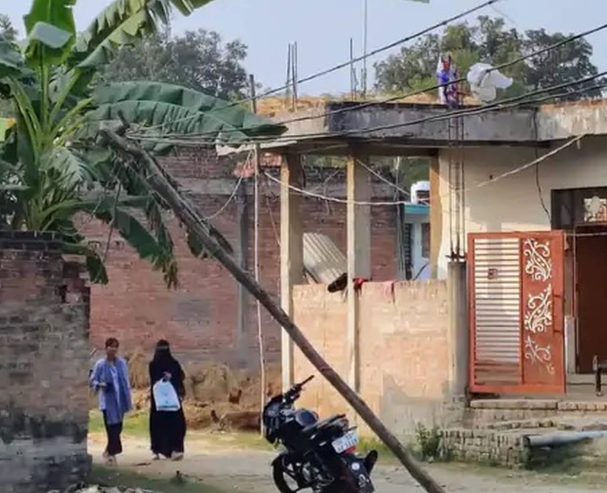 Electricity supply in Asti Mohalla is being done with the help of bamboo poles.