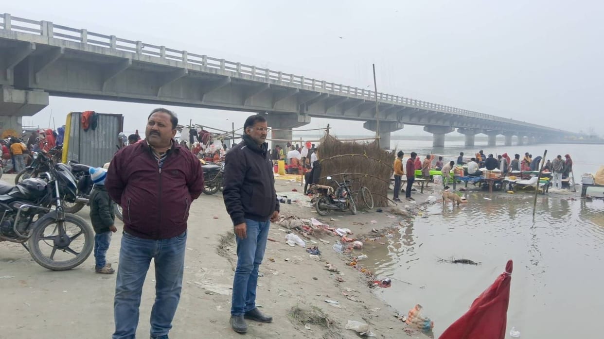Despite the biting cold, devotees flocked to the Ganges ghat and took a dip in the river.