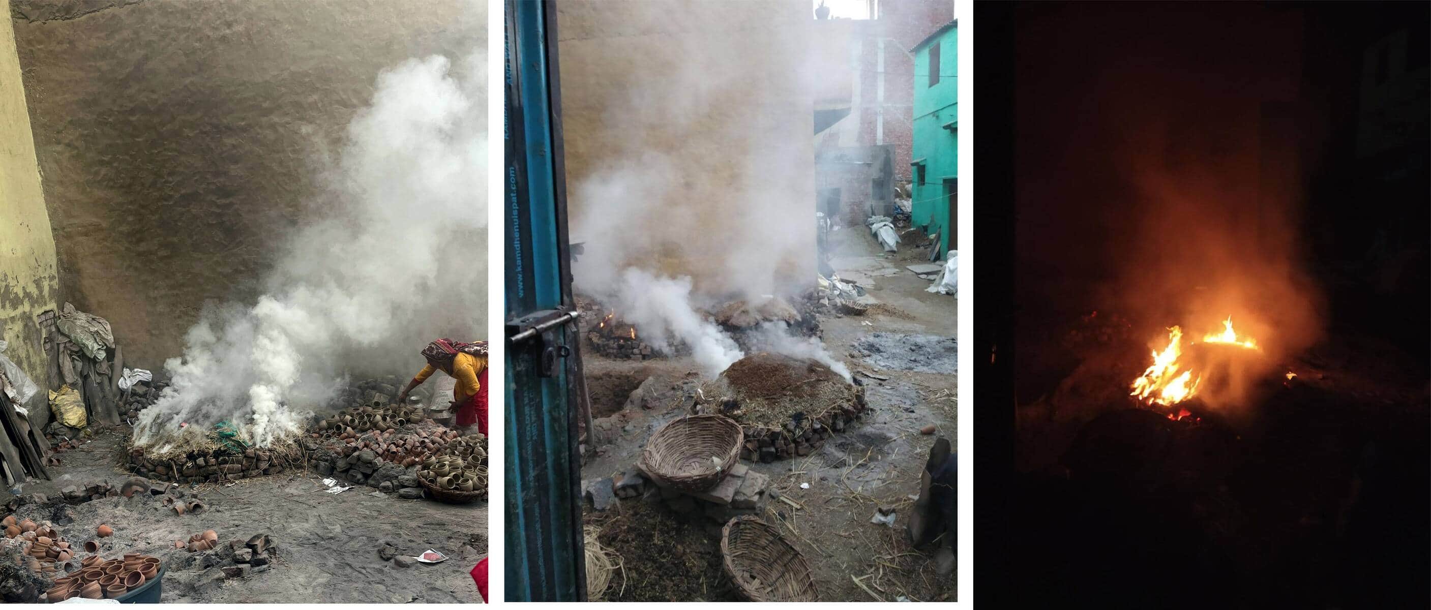 कोसीकलां में मिट्टी के बर्तन पकाने की जलाई जा रही भट्टिया। 