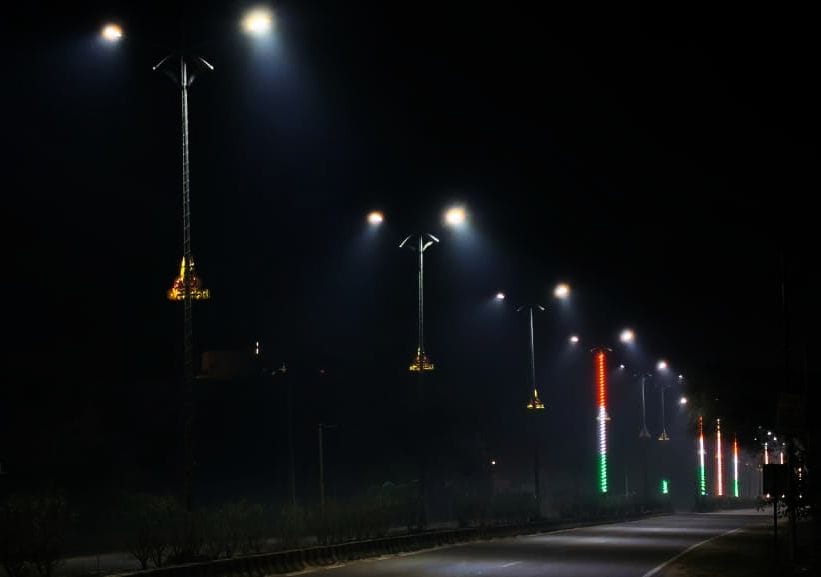 Streetlights are on, but the namaste and tricolor garlands on the poles have become showpieces