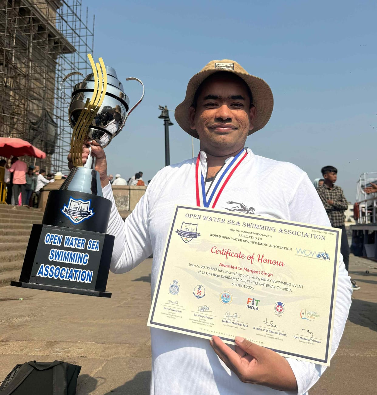 Manjit Kadyan swam across the Arabian Sea channel in 9 hours and 40 minutes.