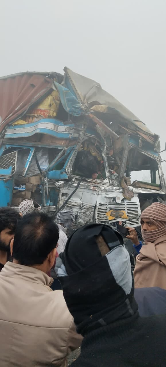 Two trucks collided on the Purvanchal Expressway; the driver was rescued after his cabin was cut open.