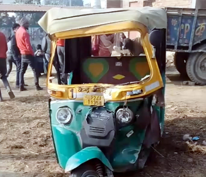 The tempo collided with a bull and then hit a pole; the driver was injured.
