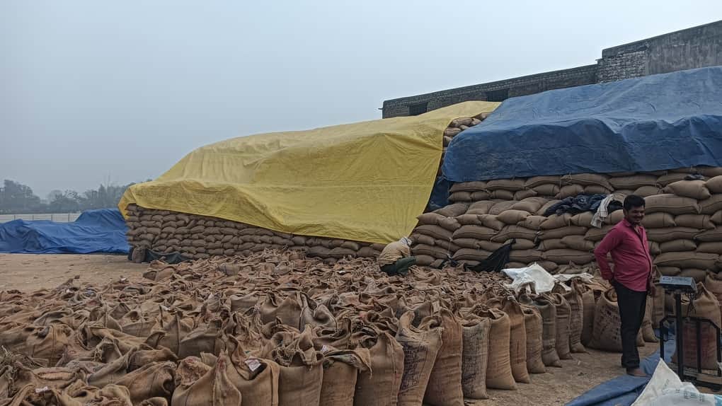 धान उपार्जन केंद्र में रखी धान