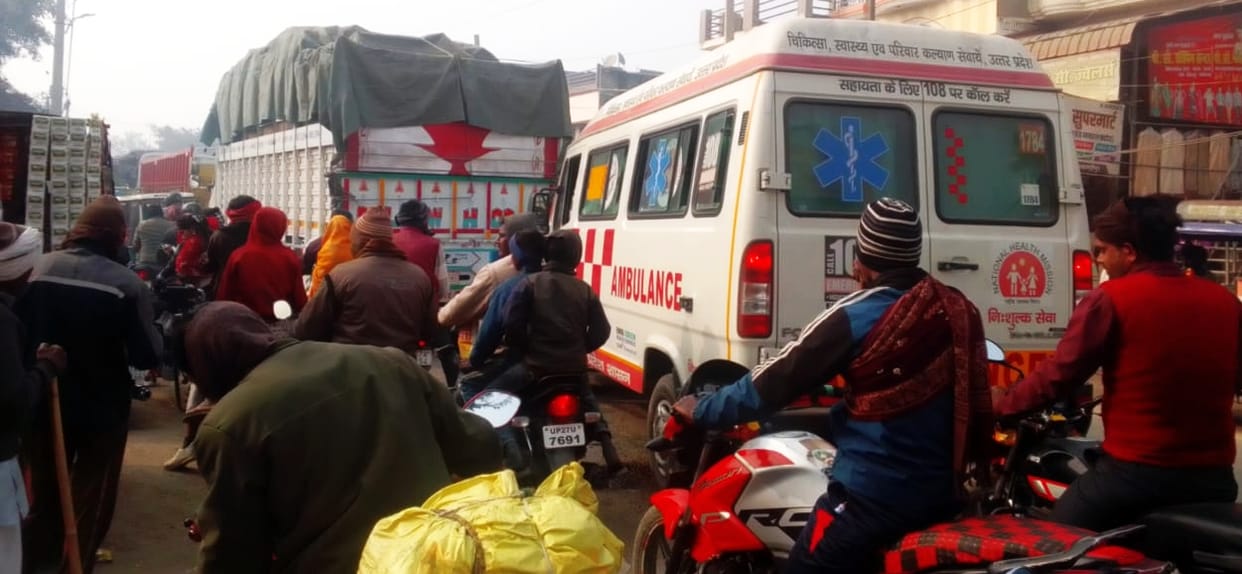 The Moradabad-Farrukhabad highway was blocked for three hours again, and an ambulance got stuck in the traffic jam.