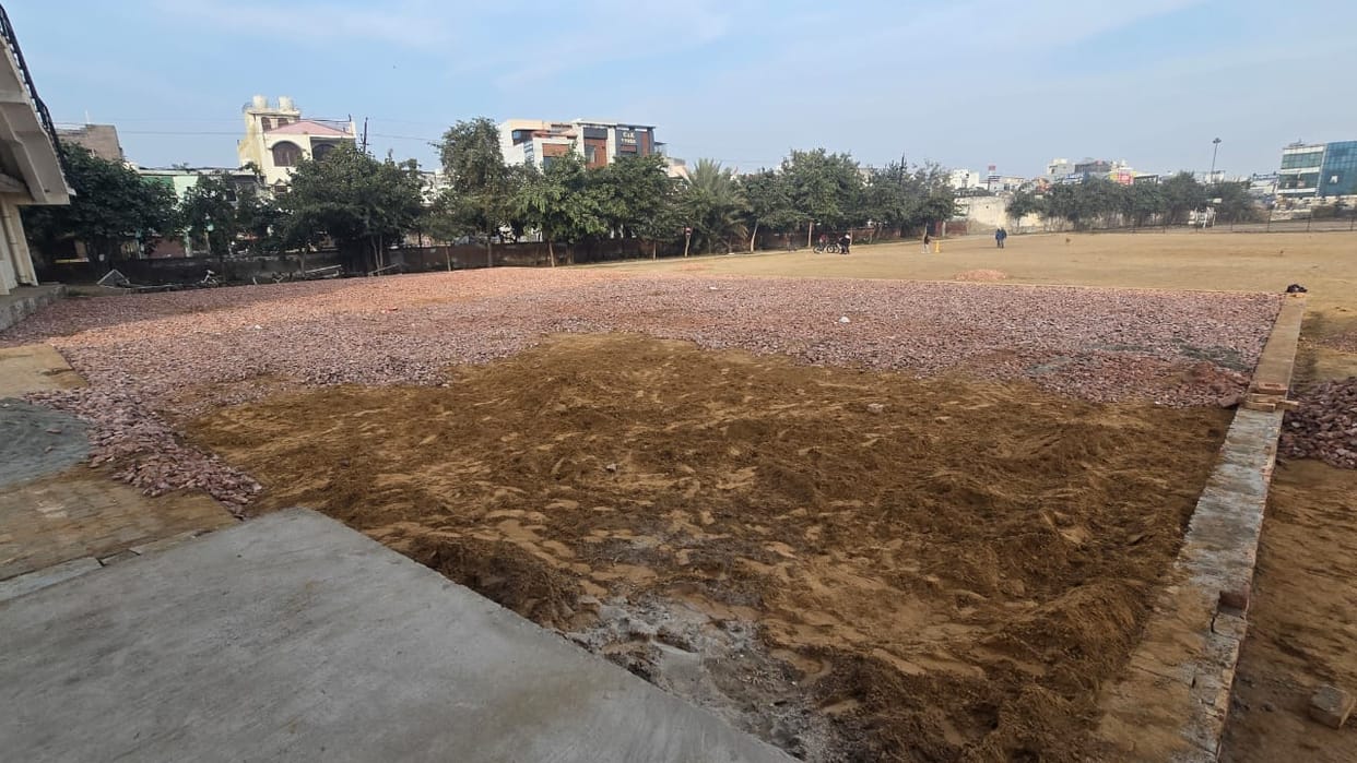The basketball court and pavilion being built in the stadium are nearing completion.