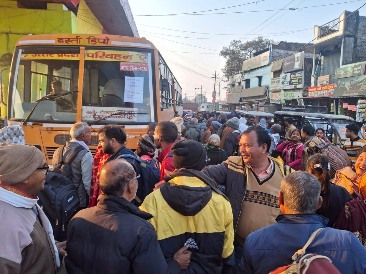 Crowds of people going to Magh Mela, 27 buses departed