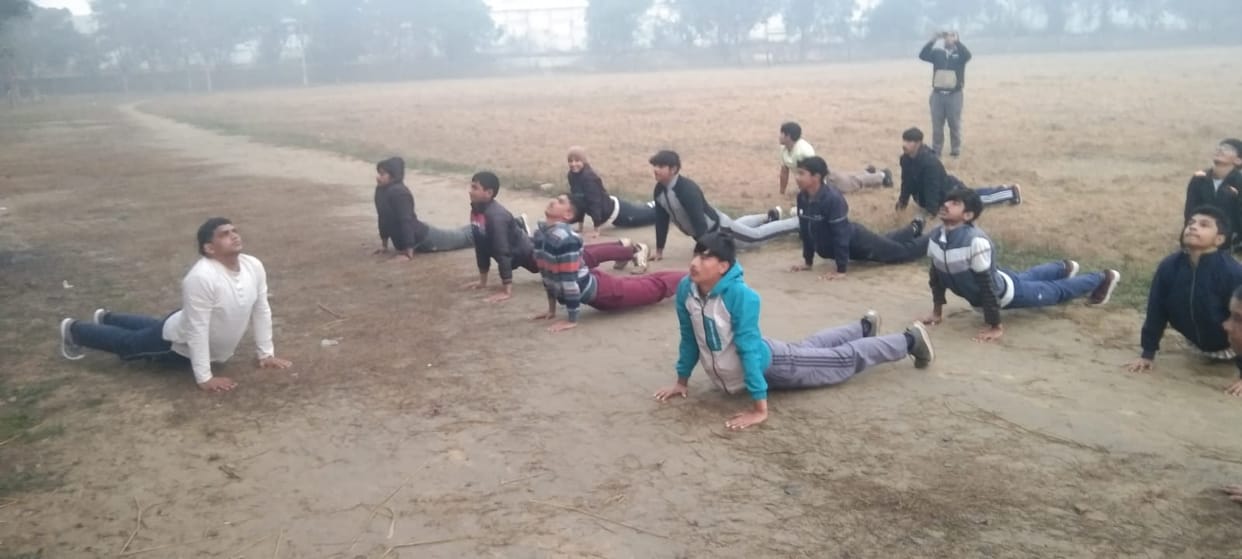 Young people performed Surya Namaskar (sun salutation) on the premises.