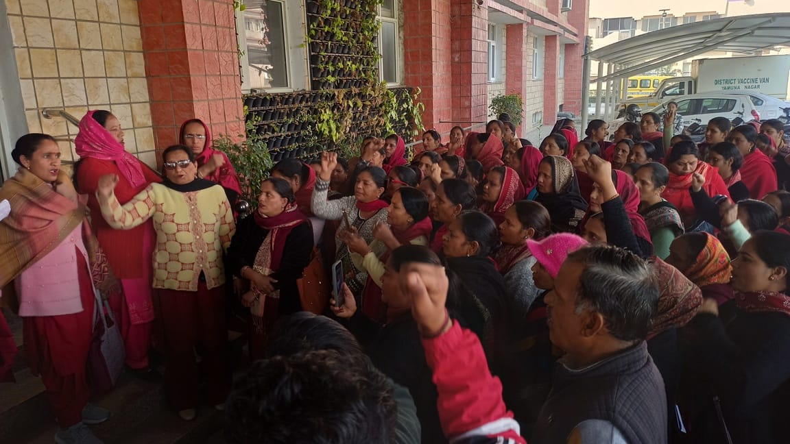ASHA workers staged a protest at the district civil hospital to raise their demands