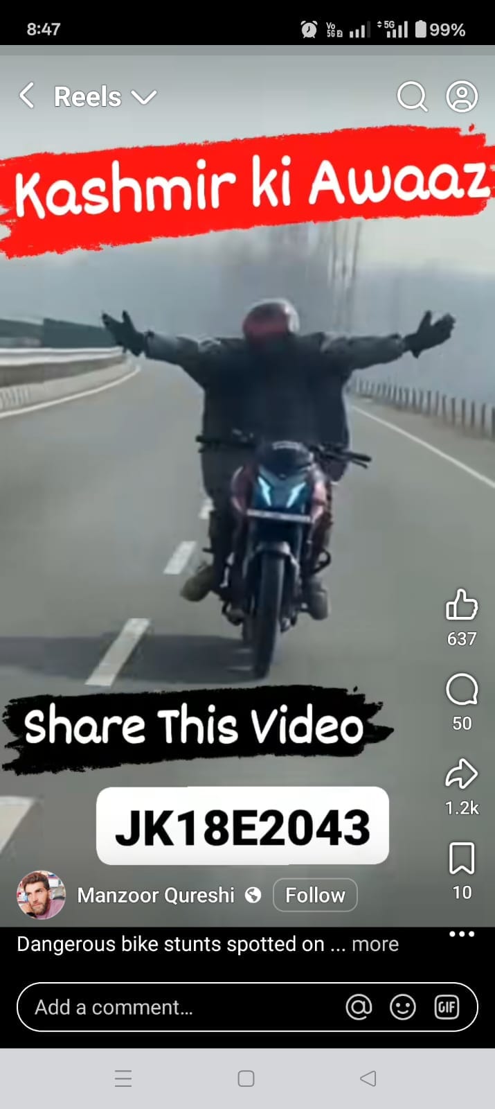 Kulgam, Stunt Biker Caught, Bike Seized, Rural Police