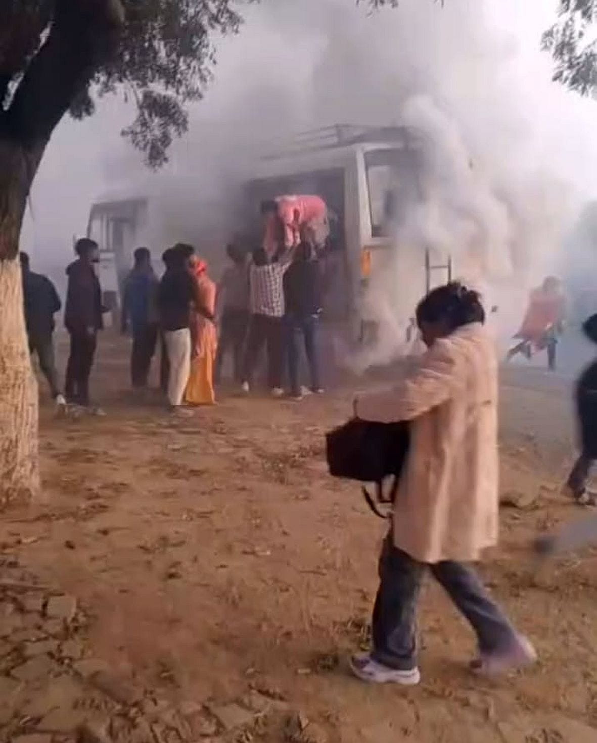 A bus carrying 54 students caught fire; they broke the windows and jumped out to save their lives