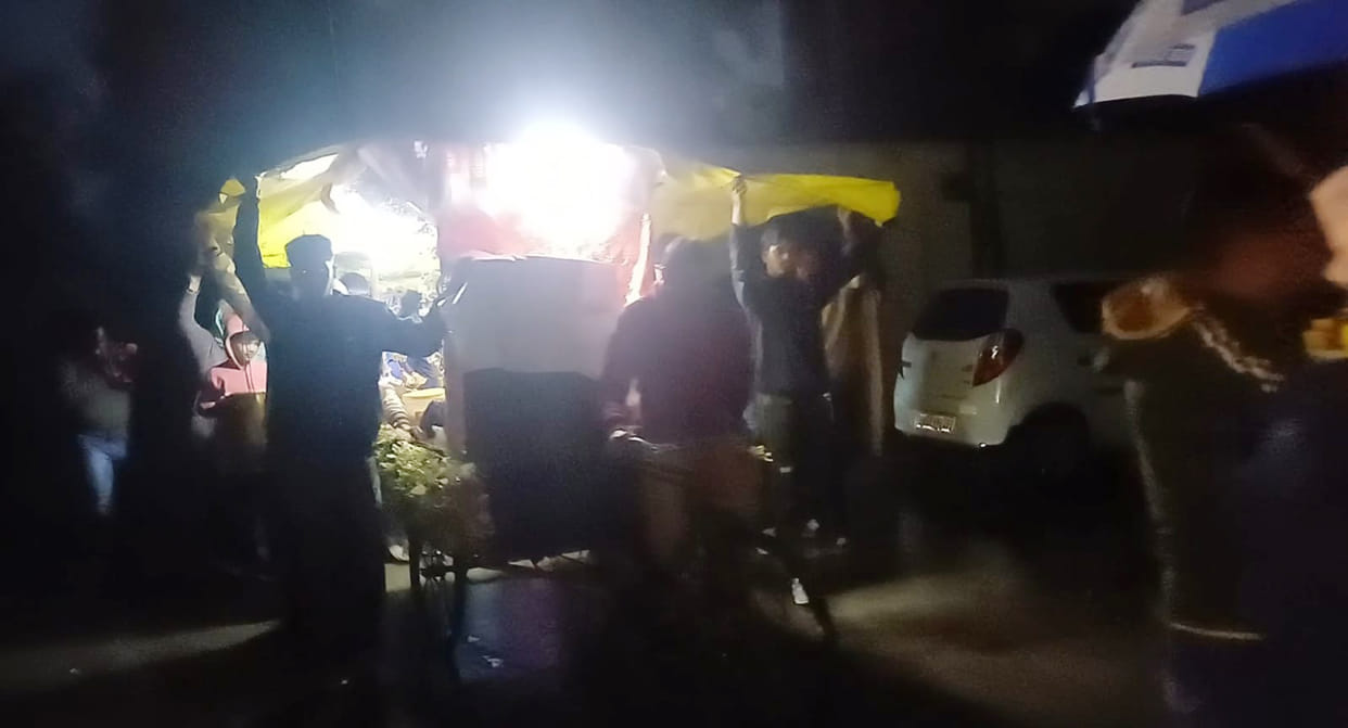 Morning walk with tarpaulin and umbrella