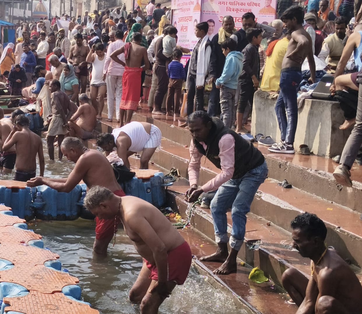 50,000 devotees took a holy dip in the Mandakini River on Vasant Panchami.