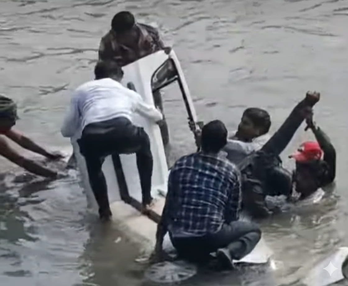 Uncontrolled car falls into canal, occupants rescued