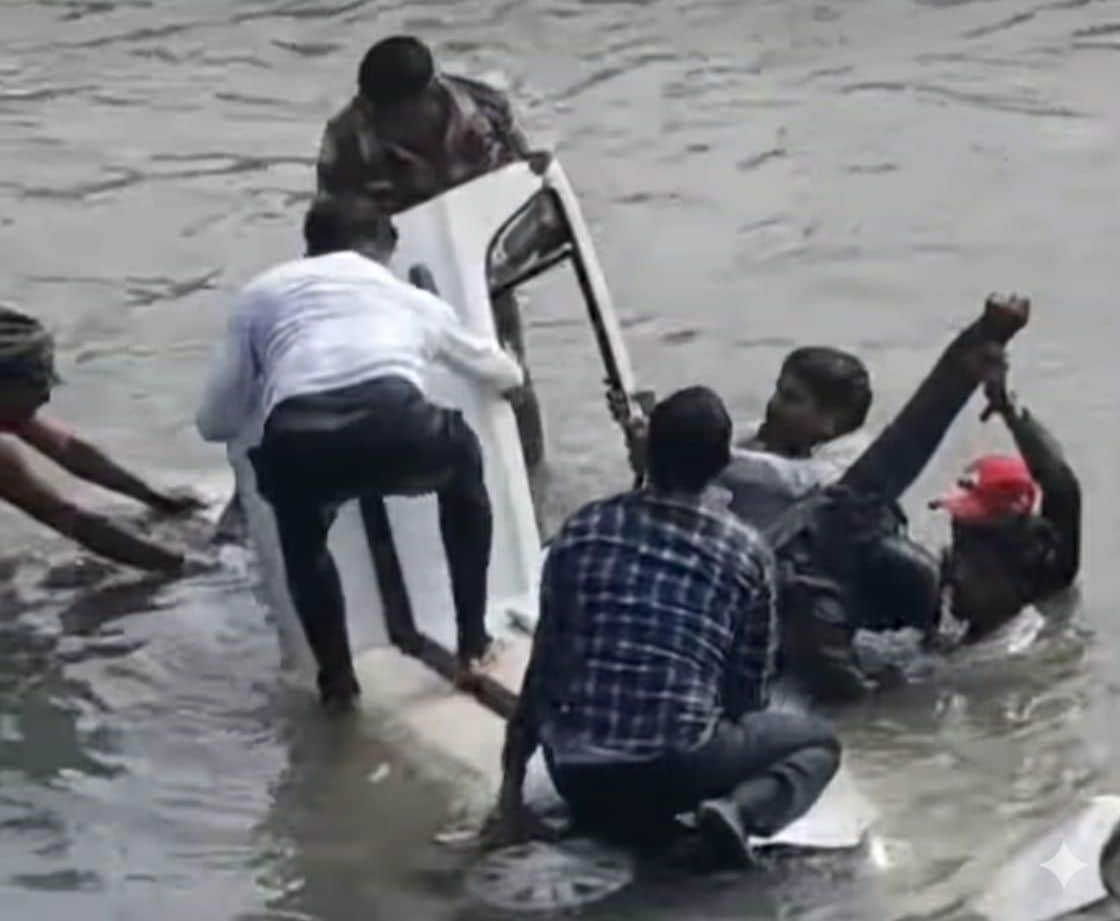 फोटो33सहावर में गांव चांडी के पास गोराह नहर में डूबी कार को निकालने के प्रयास में लगे ग्राम