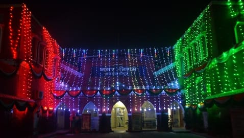 The buildings lit up with lights on the eve of Republic Day.