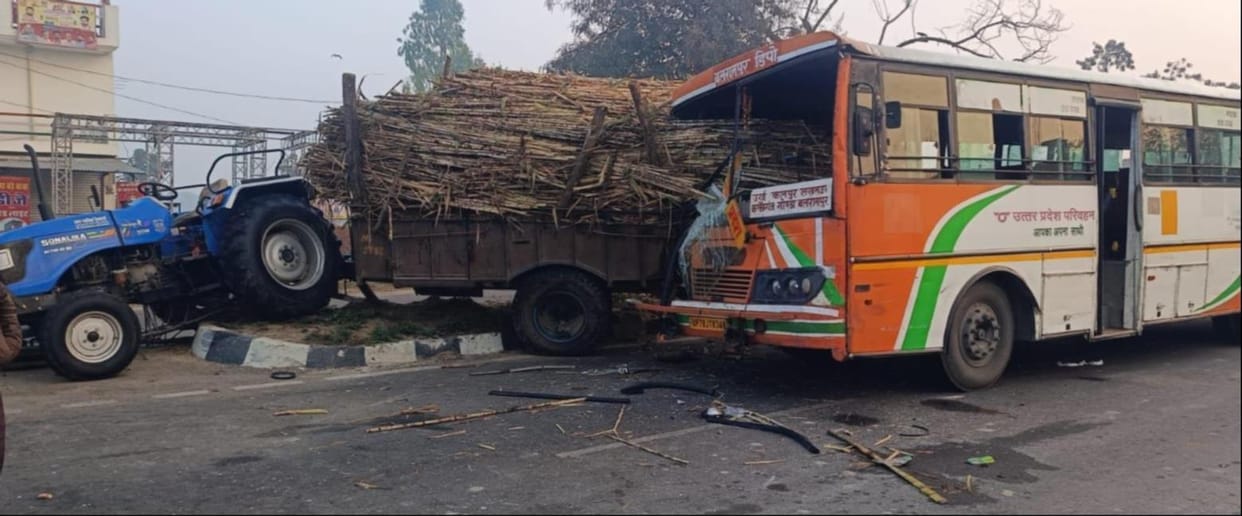 Roadways bus collides with parked tractor-trolley, driver seriously injured