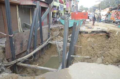 Iron shuttering is being installed around the collapsed drains in Brahmanagar.