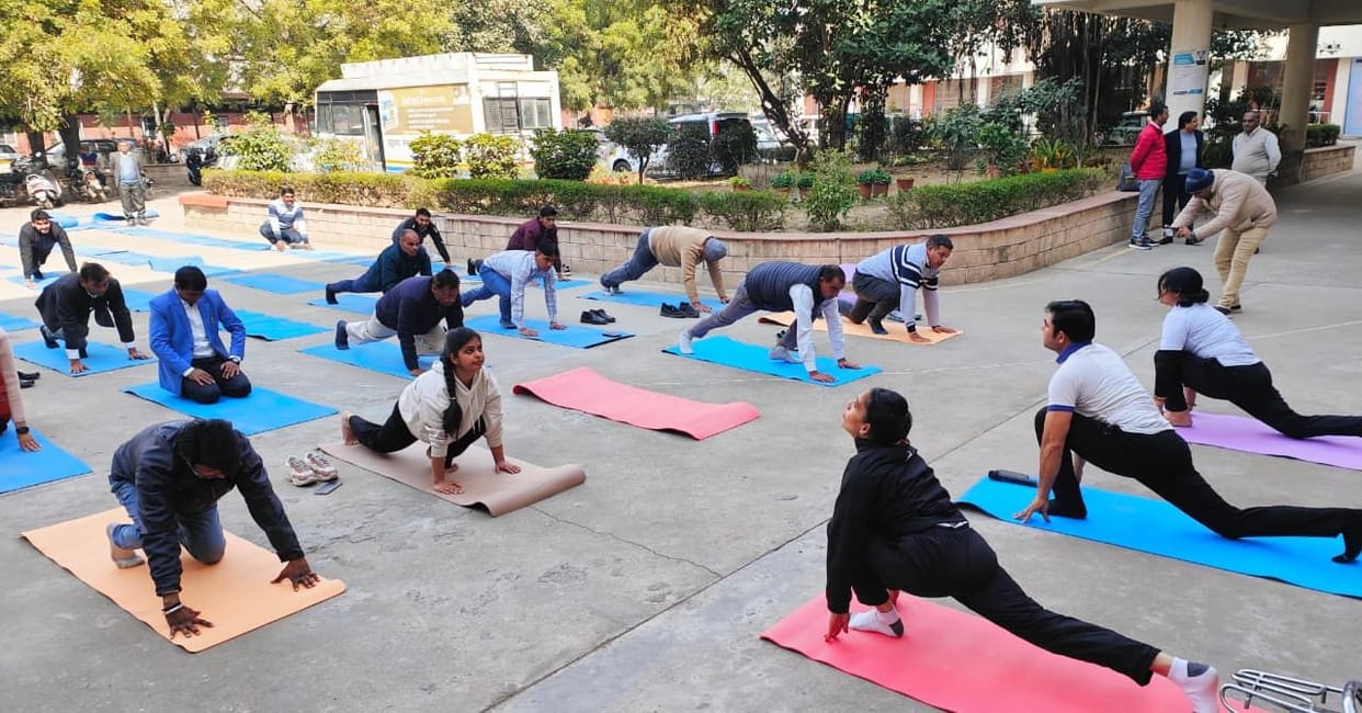 Officials and employees practiced Surya Namaskar (Sun Salutation).