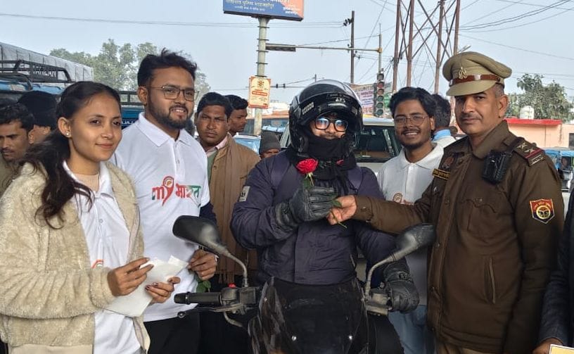 Those who wore seat belts and helmets were given flowers.