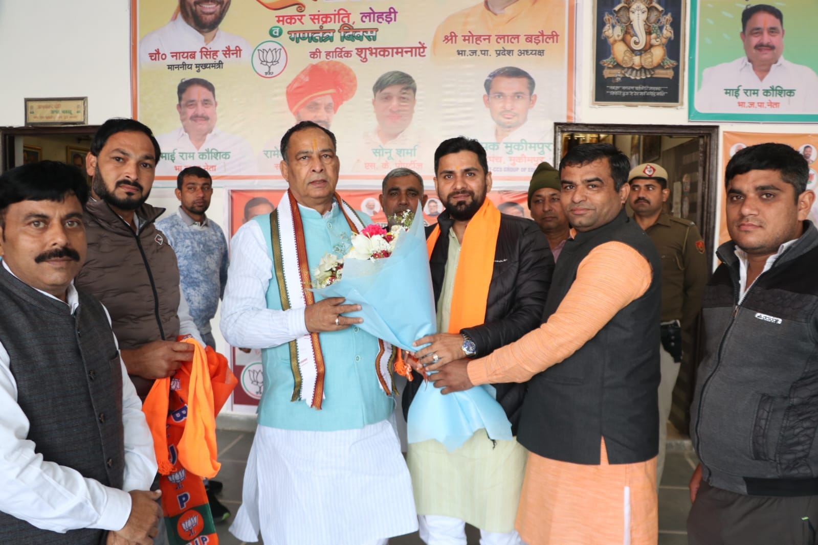गोहाना में नए नेता संदीप भनवाला का स्वागत करते भाजपा प्रदेशाध्यक्ष मोहनलाल बड़ौली और अन्य। स्रो