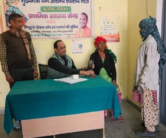 Crowd of patients suffering from cold, cough and fever in the health fair