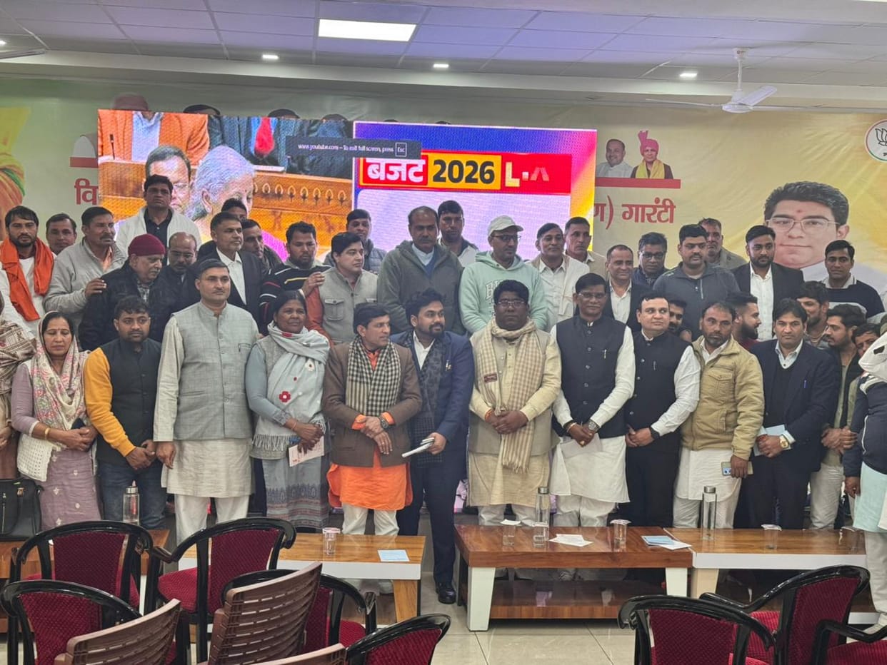 BJP workers watched the budget on a big screen.