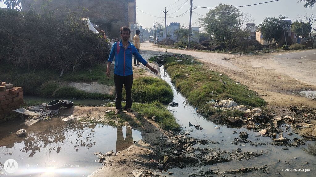 Due to lack of cleaning of drain in Tigra village, waterlogging has caused trouble for the villagers.
