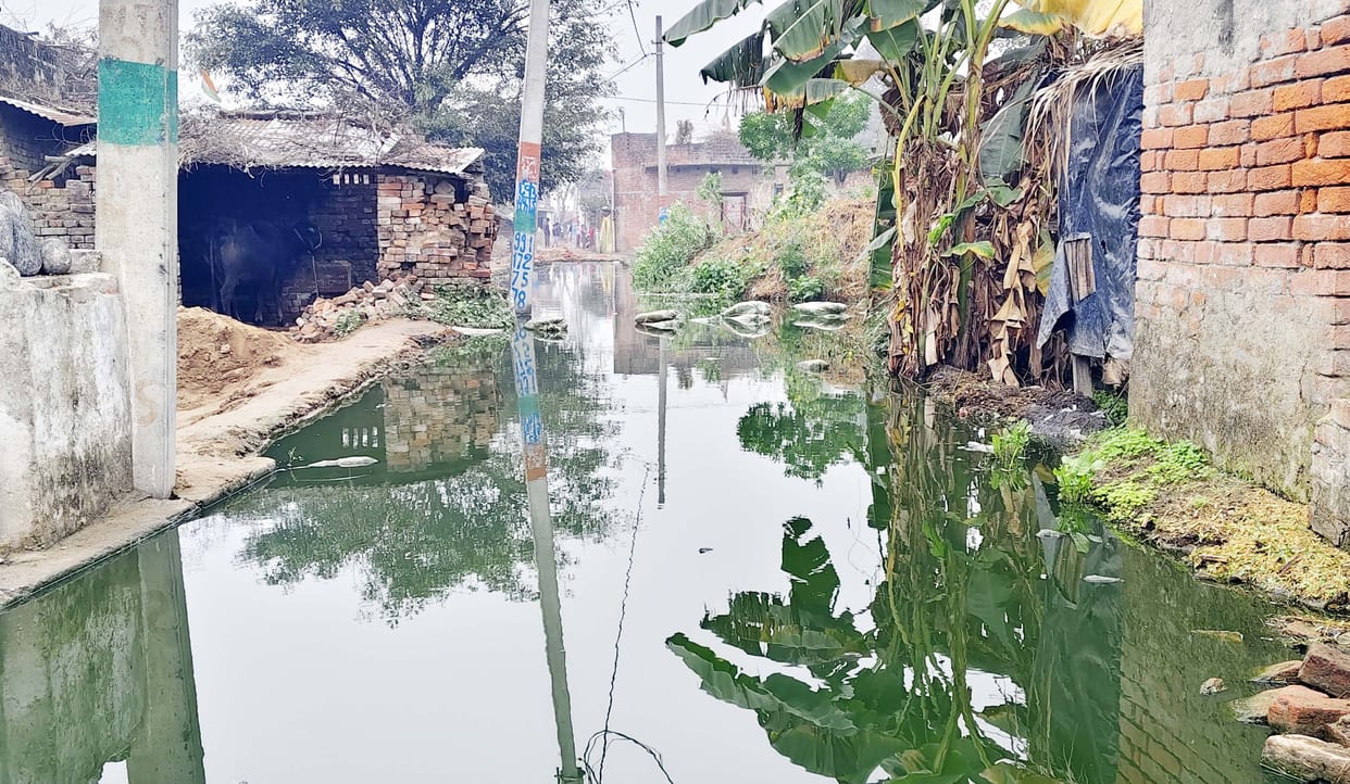 In Nawazpur, the road has turned into a pond, with water accumulating on the street for the past six months.